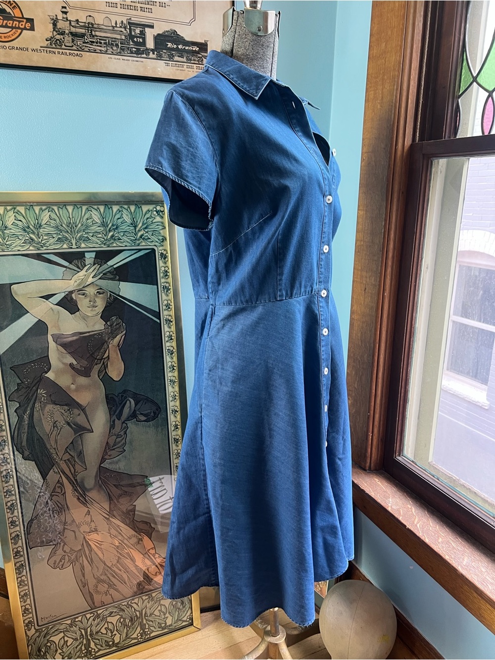 Boden Blue Button-Front Shirt Cotton Denim Dress - Picture 3 of 12